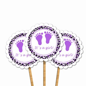 Leopard Purple Baby Feet Baby Shower Cupcake Toppers Its A Girl - Party Favors Baby Shower Favor Printable Party Decoration INSTANT DOWNLOAD