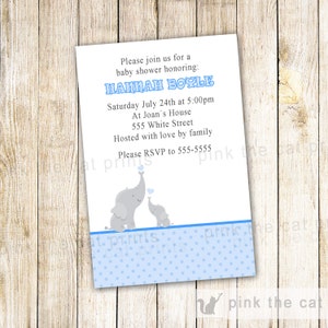 Elephant Baby Shower Invitation - Blue Polka Dots Hearts Mom And Baby Elephant Theme Party Printable File Personalized