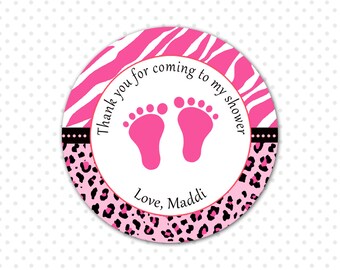 Hot Pink Feet Baby Girl Shower Thank You Tag - Jungle Leopard Zebra Favors Printable Personalized Party Decoration