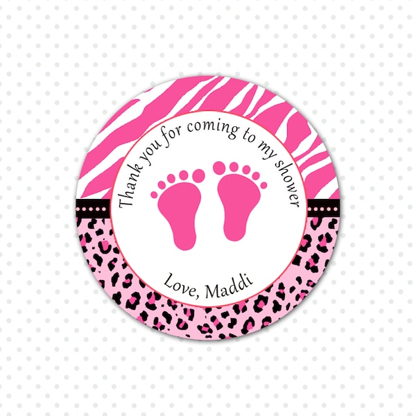 Hot Pink Feet Baby Girl Shower Thank You Tag - Jungle Leopard Zebra Favors Printable Personalized Party Decoration