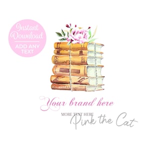 Bookstack logo png for your etsy shop or any website or business, watercolor books logo design template instant download