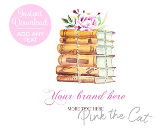 Bookstack logo png for your etsy shop or any website or business, watercolor books logo design template instant download