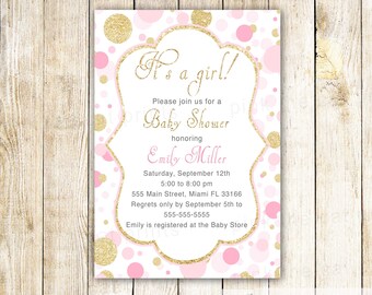 Confetti Invitation - Pink Gold Glitter Baby Girl Shower Printable Digital Editable File INSTANT DOWNLOAD