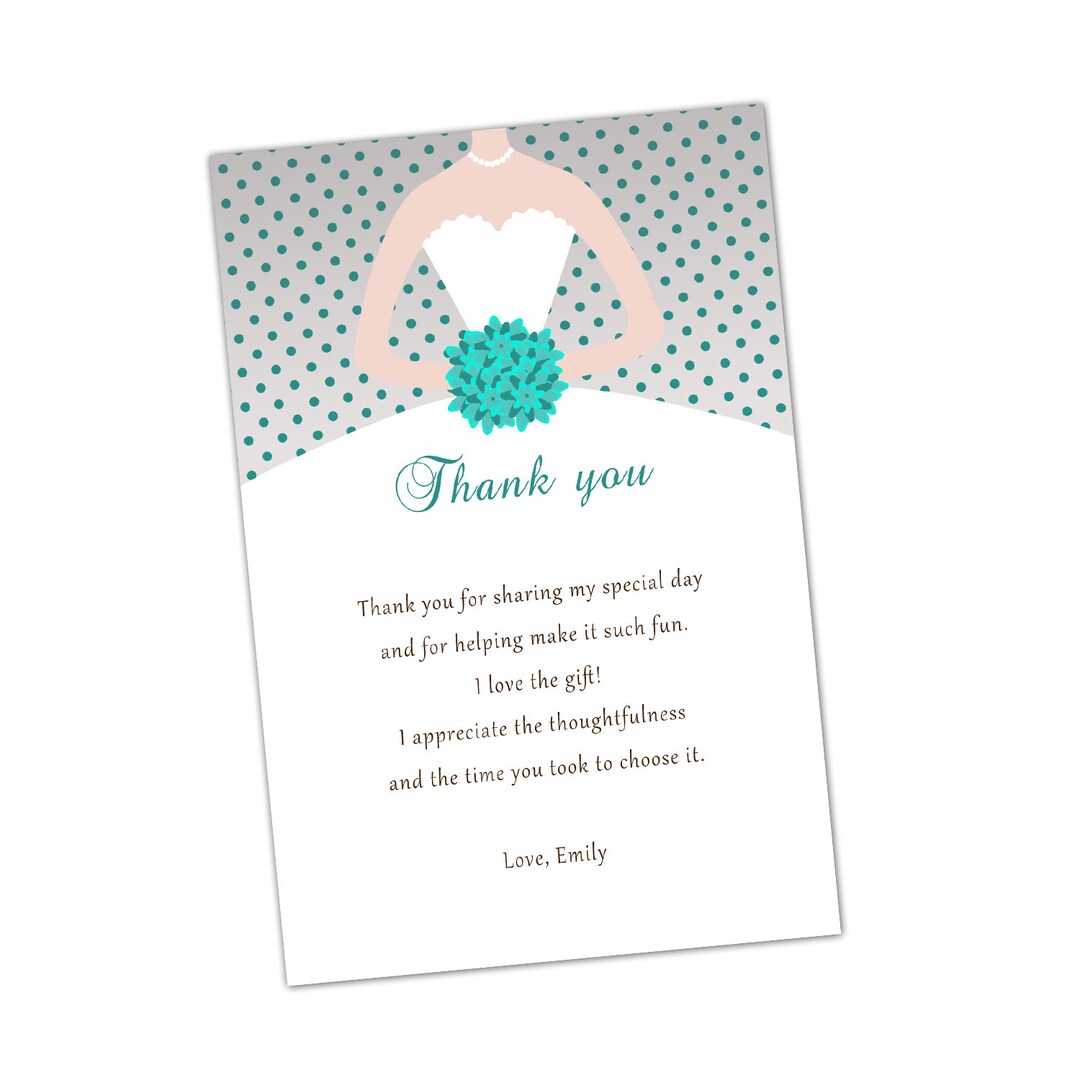 Grey Turquoise Bridal Shower Thank You Cards Bouquet Bride Dress Polka