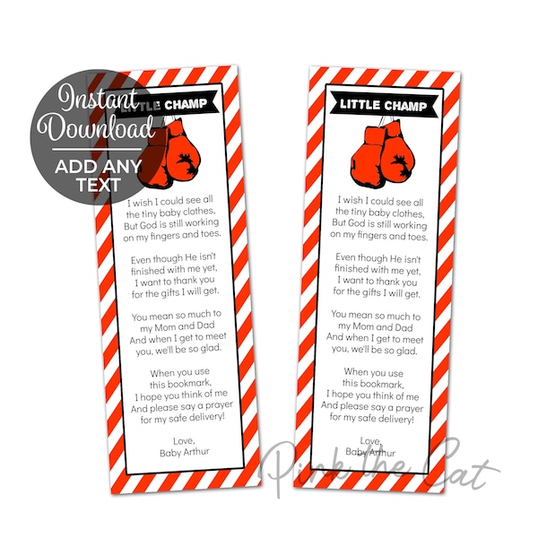 Boxing bookmark baby boy shower favors red and black template, instant download