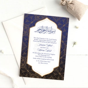 May include: A blue and gold wedding invitation with intricate patterns. The text reads "The Abad Family & The Azad Family Kindly request your presence at the Nikah and Reception of their daughter Samira Abad and their son Kreem Arad On Saturday, the eleventh of August Two thousand xxxx Five o'clock in the evening Insha Allah reception will be held at the White Rose Hall 555 Main Street"