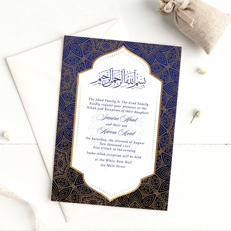 May include: A blue and gold wedding invitation with intricate patterns. The text reads "The Abad Family & The Azad Family Kindly request your presence at the Nikah and Reception of their daughter Samira Abad and their son Kreem Arad On Saturday, the eleventh of August Two thousand xxxx Five o'clock in the evening Insha Allah reception will be held at the White Rose Hall 555 Main Street"