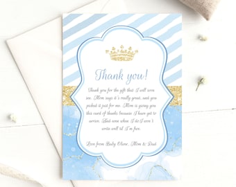 Prince Thank You Card, Prince Thank You Note, Gold Glitter Blue Prince Greeting Card Printable Prince Shower Card Blue Gold INSTANT DOWNLOAD