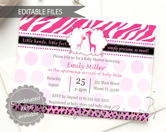 May include: Pink and black baby shower invitation with a zebra print background and a giraffe illustration. The invitation reads "Please join us for a Baby Shower honoring Emily Miller in the upcoming arrival of Baby Mila. Saturday August 25 2-4pm 555 Main Street Miami FL 33166 RSVP by August 12 to 555-555-5555 Registered at baby store and baby shop."