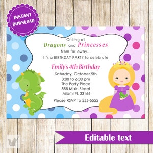 Dragon and Princess Invitation - Girl Boy Printable Kids Birthday Party Invites Editable File INSTANT DOWNLOAD