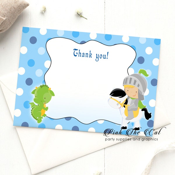 Prince knight dragon thank you card, knight dragon thank you note template, printable thank you card for boy birthday INSTANT DOWNLOAD