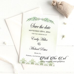 Salve a data verde aniversário adulto casamento qualquer evento oliveira eucalipto ramo damasco cartões personalizados, imprimíveis ou impressos