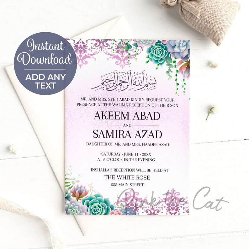 Succulent Invitation suitable for walima, nikah, wedding with watercolor cactus plants, instant download image 1