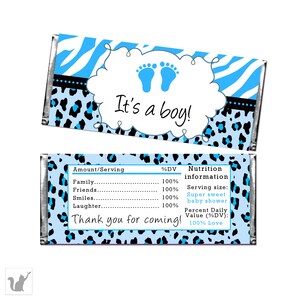 Blue Zebra Leopard Baby Shower Candy Bar Wrapper - Baby Feet It&#39;s A Boy Candy Bar Label Baby Shower Favors Jungle Safari INSTANT DOWNLOAD