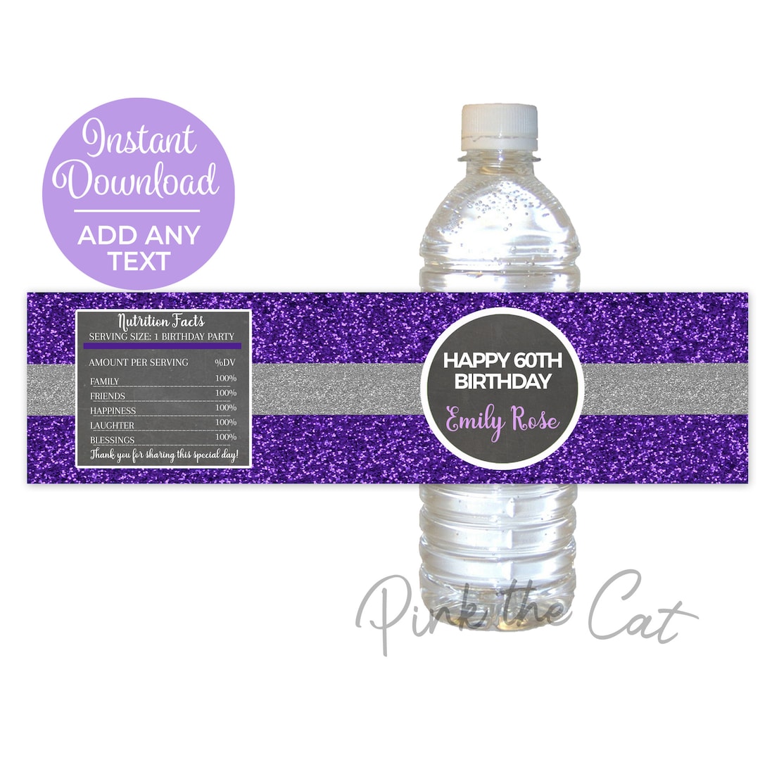 Purple Silver Glitter Bottle Labels Birthday Bottle Labels Printable