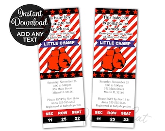 May include: Two baby shower invitations with a boxing theme. The design features red and white stripes, red boxing gloves, and the text "This baby boy is going to be a knock out." Includes event details.