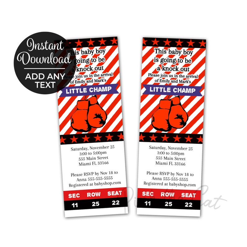May include: Two baby shower invitations with a boxing theme. The design features red and white stripes, red boxing gloves, and the text "This baby boy is going to be a knock out." Includes event details.