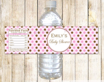 Pink Brown Water Bottle Labels Wrappers Polka Dots Birthday Baby Girl Shower Party Favor Items Printable Personalized