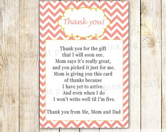 Coral Chevron Thank You Card Note - Baby Girl Shower Pink Blush Gold Yellow Printable INSTANT DOWNLOAD