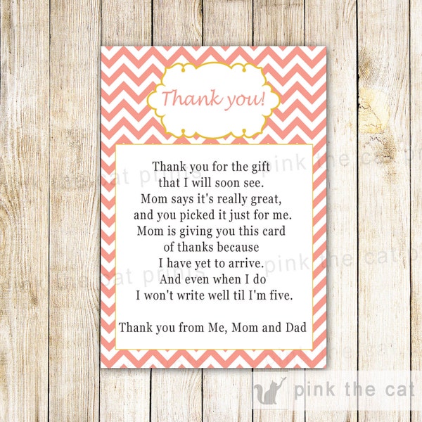 Coral Chevron Thank You Card Note - Baby Girl Shower Pink Blush Gold Yellow Printable INSTANT DOWNLOAD