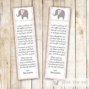 Elephant Bookmark Party Favor - Baby Girl Shower Printable File Personalized Pink Grey Baby Shower Favor Ideas