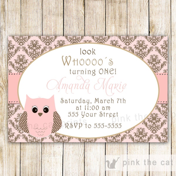 Owl Birthday Invitation Card - Pink Custom Any Age or Color Girl 1st Birthday Party or Baby Shower Invite Printable Personalized Damask