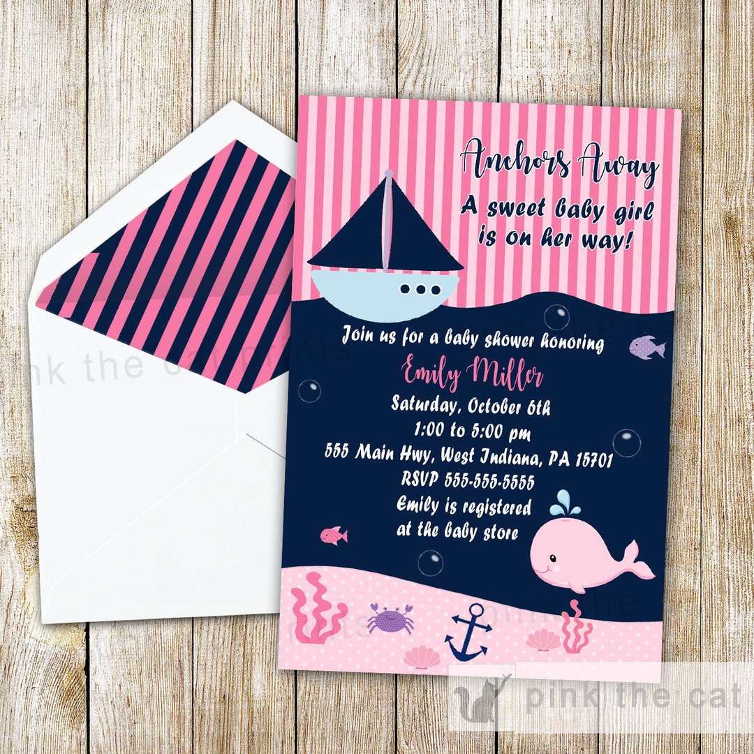 Nautical Whale Invitation Girl Baby Shower Birthday Pink Navy Blue ...