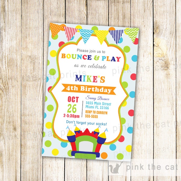 Bouncing Birthday Party Invitation - Bounce Castle Colorful Polka Dots Kids Party Invite Girl Boy Printable Personalized