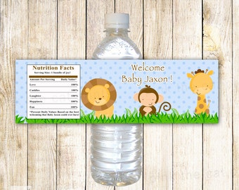 Printable Personalized Jungle Safari Zoo Water Bottle Labels Wrappers - Birthday Party Baby Shower Blue Boy Custom Wraps