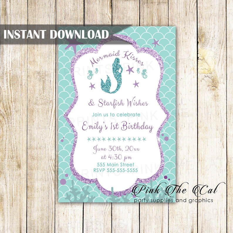 ON SALE Mermaid Invitation, Purple Mermaid, Mermaid Birthday Invitation, Mermaid Baby Shower Invitation, Mermaid Printables Instant Download image 6
