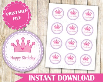 Princess Labels Happy Birthday Labels Princess Gift Favor Tags Princess Cake Pop Labels Pink Purple Princess Stickers INSTANT DOWNLOAD