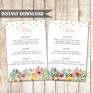 Confetti Floral Wedding Menu Card - Bohemian Wedding Menu - Printable Fall Wedding Menu Template Editable Wedding Menu Card INSTANT DOWNLOAD