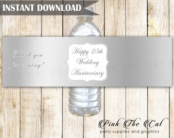 25th Wedding Anniversary Water Bottle Label, Silver Anniversary Bottle Stickers, Printable Bottle Label Template INSTANT DOWNLOAD