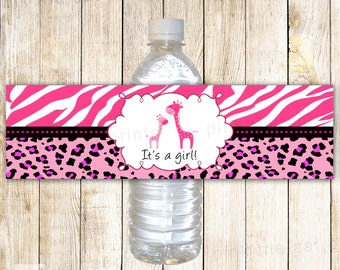 Giraffe Flasche Etikett Mädchen Baby-Dusche pink schwarz, Giraffe Baby-Dusche Gastgeschenke, Flasche Wrapper Vorlage SOFORTIGER DOWNLOAD