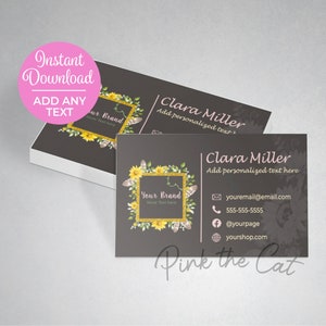 Carte de visite de tournesol avec modèle de logo pour votre boutique etsy ou tout site Web ou entreprise, couronne florale aquarelle paillettes téléchargement instantané
