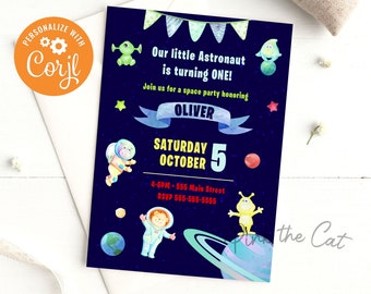 Cute astronaut birthday party invitation, watercolor astronaut invitation template birthday, astronaut editable invitation instant download