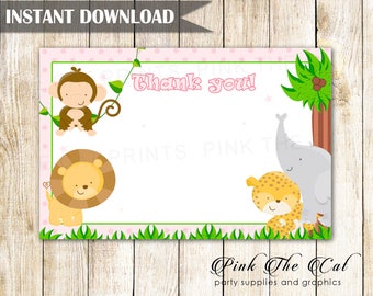 Pink jungle baby shower thank you card, jungle thank you notes, safari thank you card handwritten, birthday thank you card INSTANT DOWNLOAD