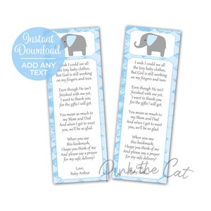 Elephant bookmark blue and silver boy baby shower favors personalized, instant download