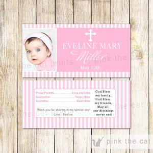 Pink White Baptism Candy Bar Wrappers - Printable Candy Bar Wrapper for Girl Baptism Baptism Candy Favor Label Pink Communion Candy Wrapper