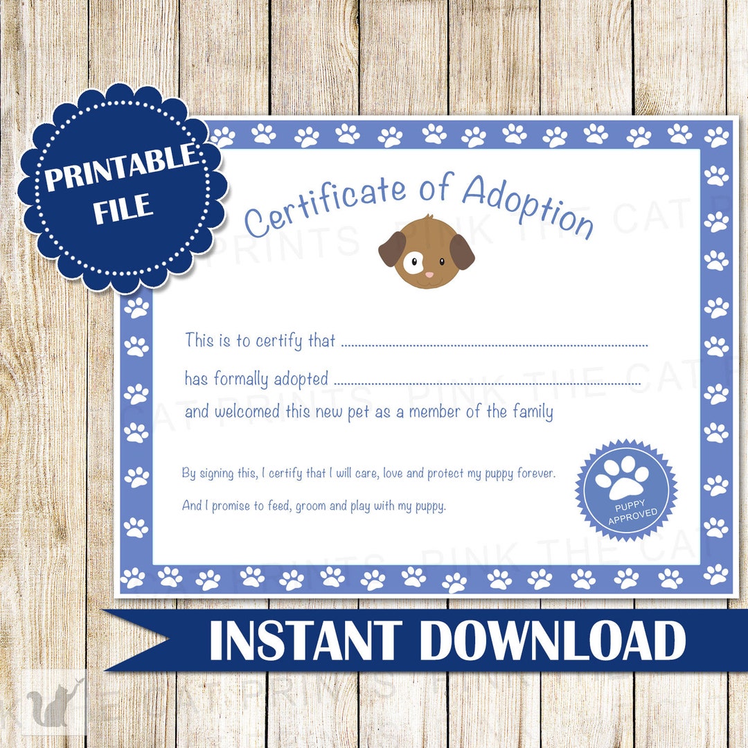 Certificate of Adoption Puppy Birthday Party Favor Kids Boy Blue Puppy ...