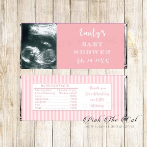 Baby Shower Candy Wrapper Personalized With Your Sonogram Picture, Girl Shower Favors With Photo, Pink Stripes Candy Label With Photo