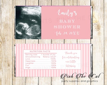 Baby Shower Candy Wrapper Personalized With Your Sonogram Picture, Girl Shower Favors With Photo, Pink Stripes Candy Label With Photo