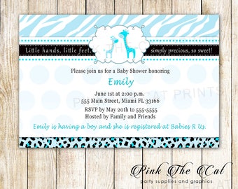 Girl giraffe baby shower invitation light blue and black, printable baby shower invitation, giraffe invitation, coordinated items available