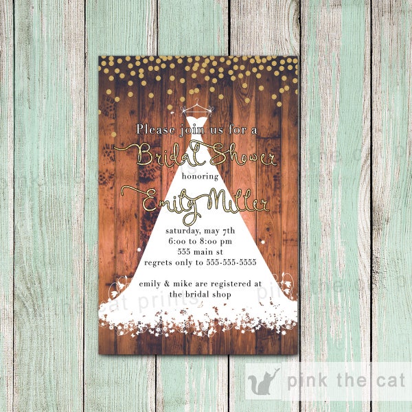 Rustic Bridal Shower Invitation - Rustic Invitation Bride Dress Invitation Glitter Gold Wood Invitation Personalized Wedding Shower Invite