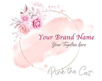 Boho floral business logo, watercolor floral logo, feather blush pink gold logo branding, boutique logo, roses handmade logo, premade logo
