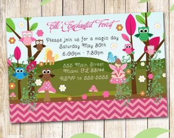 Enchanted Forest Birthday Invitation - Personalized Girl Party Invite Owl Pixie Fairy Unicorn Printable