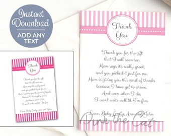 Pink stripes thank you card for girl birthday or baby shower printable personalizable template, thank you card instant download