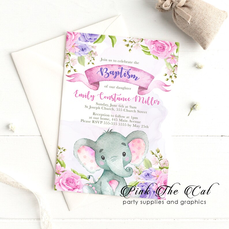Girl Baptism Invitation Girl Christening Invitation Elephant Etsy