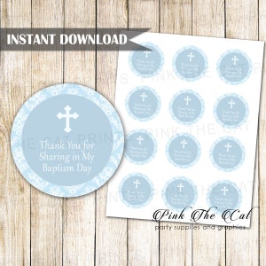 Blau weiß Taufe danke Label, junge Taufe zugunsten Etiketten druckbare Taufe Kreuz Mitbringsel Ideen für Jungs mit sofortiger DOWNLOAD