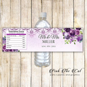 100 Blumenpflaumen-Lila Flaschenetiketten, Blumenhochzeits-Flaschenverpackungen - personalisierte Hochzeitsbevorzugungs-Hochzeits-Blumendusche-Flaschenetiketten